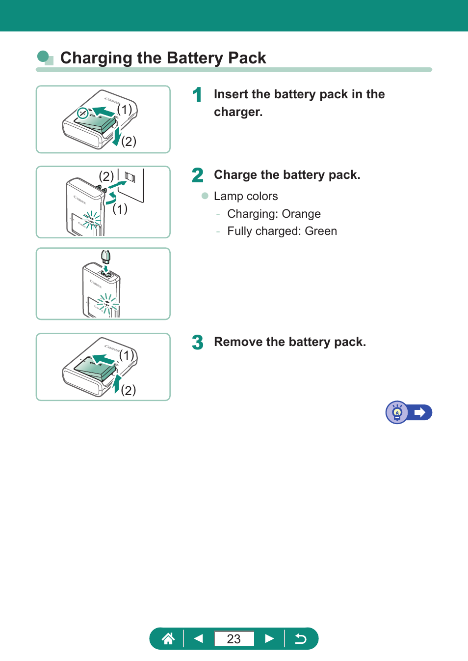 Charging the battery pack | Canon PowerShot SX70 HS Digital Camera User Manual | Page 23 / 289