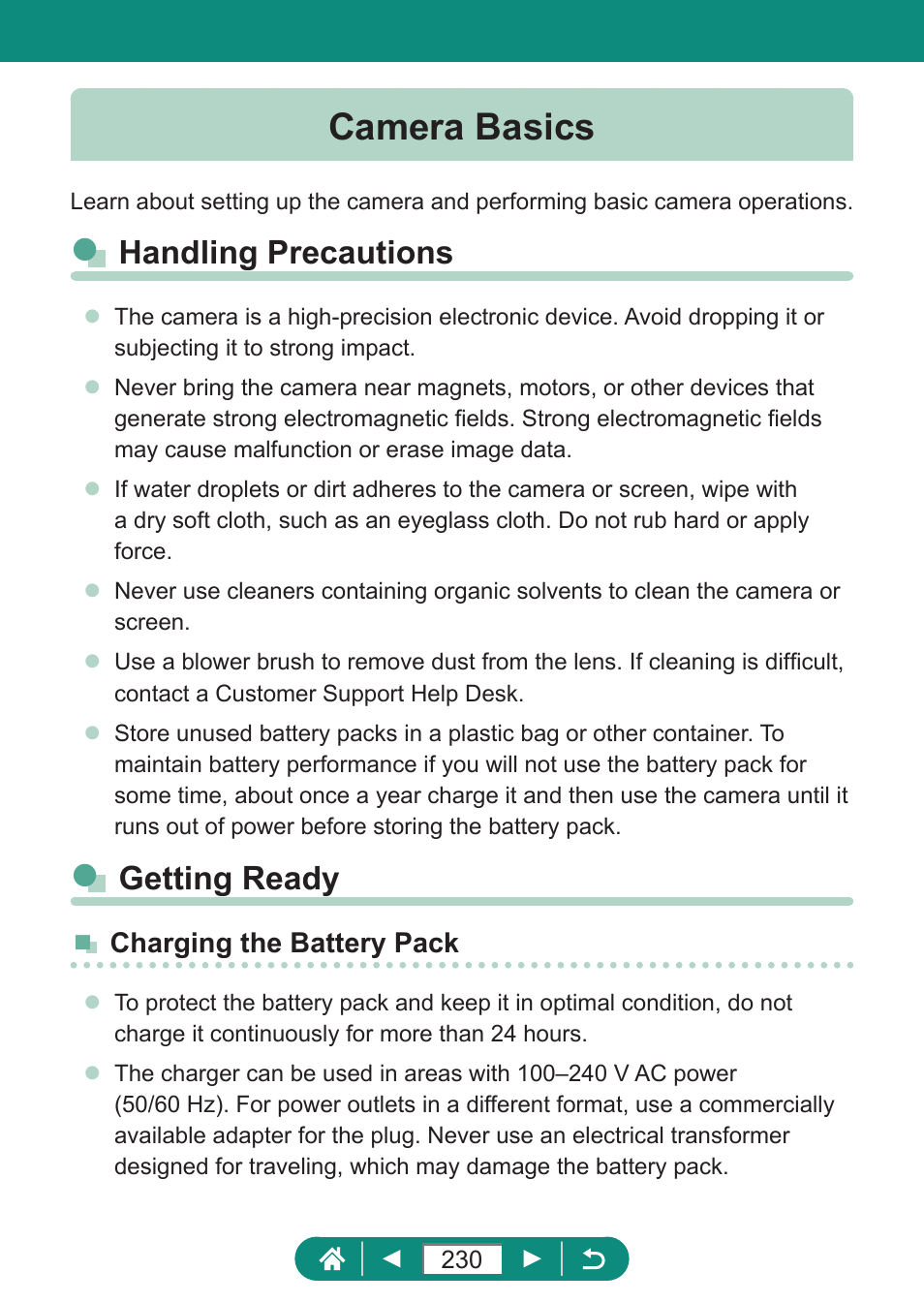 Camera basics, Handling precautions getting ready, Handling precautions | Getting ready | Canon PowerShot SX70 HS Digital Camera User Manual | Page 230 / 289