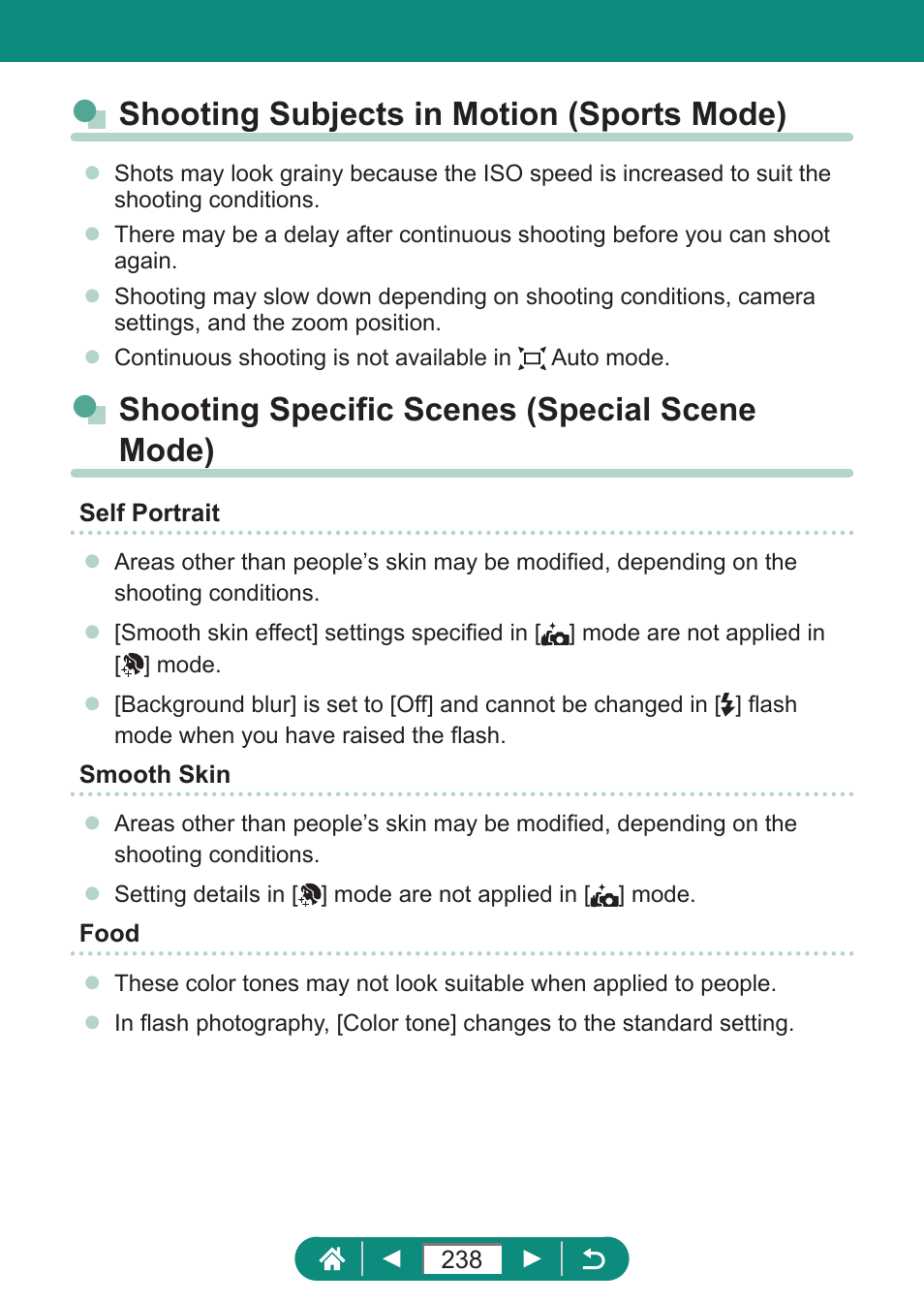 Shooting subjects in motion (sports mode), Shooting specific scenes (special scene mode) | Canon PowerShot SX70 HS Digital Camera User Manual | Page 238 / 289