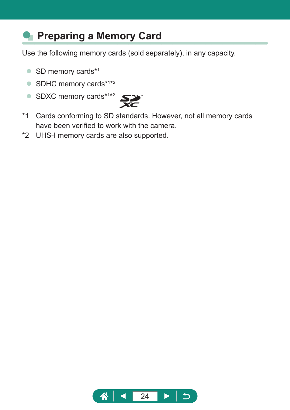 Preparing a memory card | Canon PowerShot SX70 HS Digital Camera User Manual | Page 24 / 289