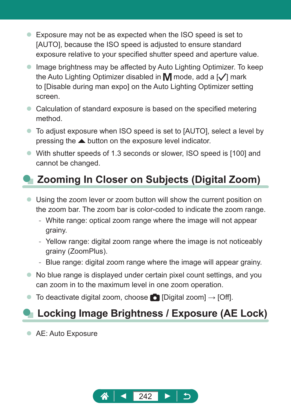 Zooming in closer on subjects (digital zoom), Locking image brightness / exposure (ae lock) | Canon PowerShot SX70 HS Digital Camera User Manual | Page 242 / 289