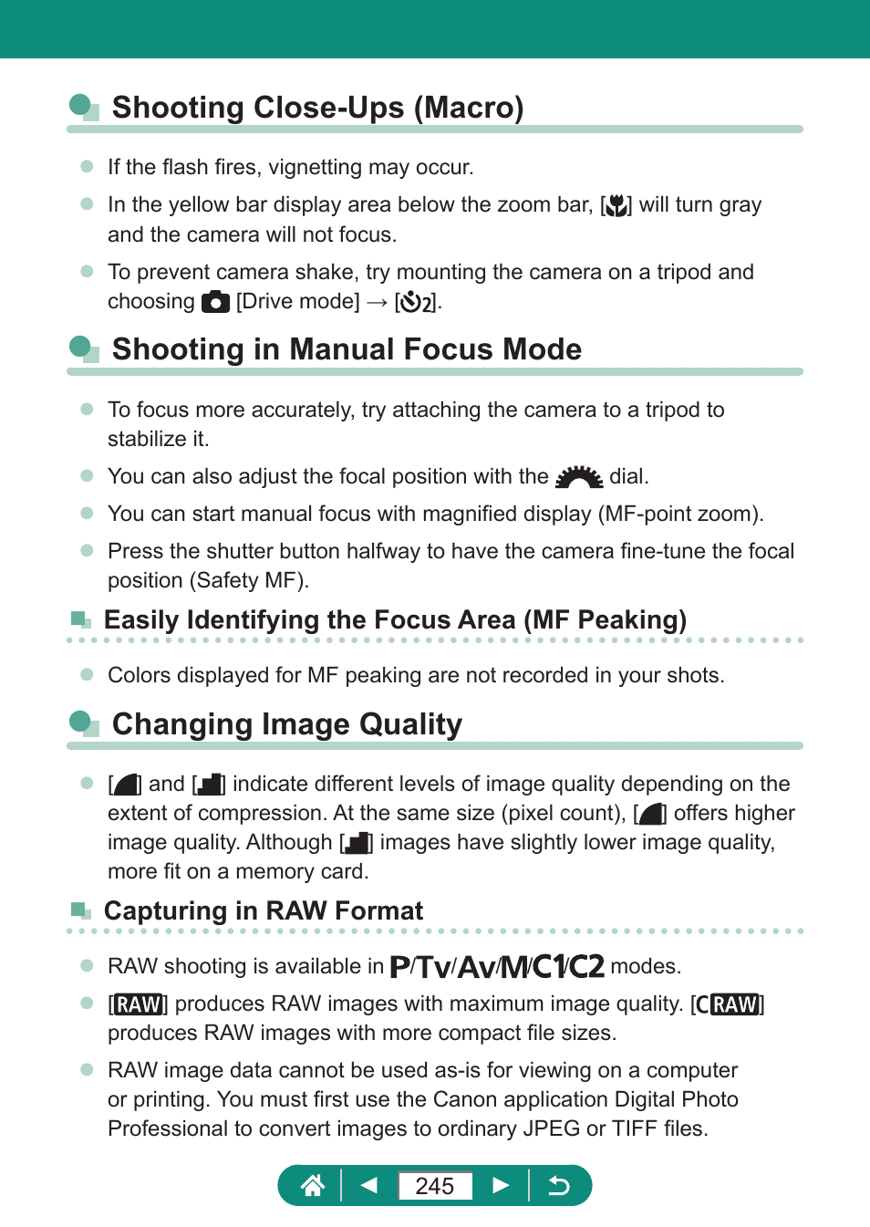 Shooting close-ups (macro), Shooting in manual focus mode, Changing image quality | Canon PowerShot SX70 HS Digital Camera User Manual | Page 245 / 289
