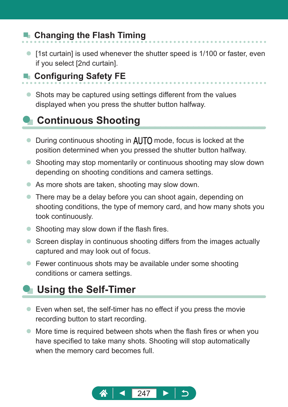 Continuous shooting using the self-timer, Continuous shooting, Using the self-timer | Canon PowerShot SX70 HS Digital Camera User Manual | Page 247 / 289