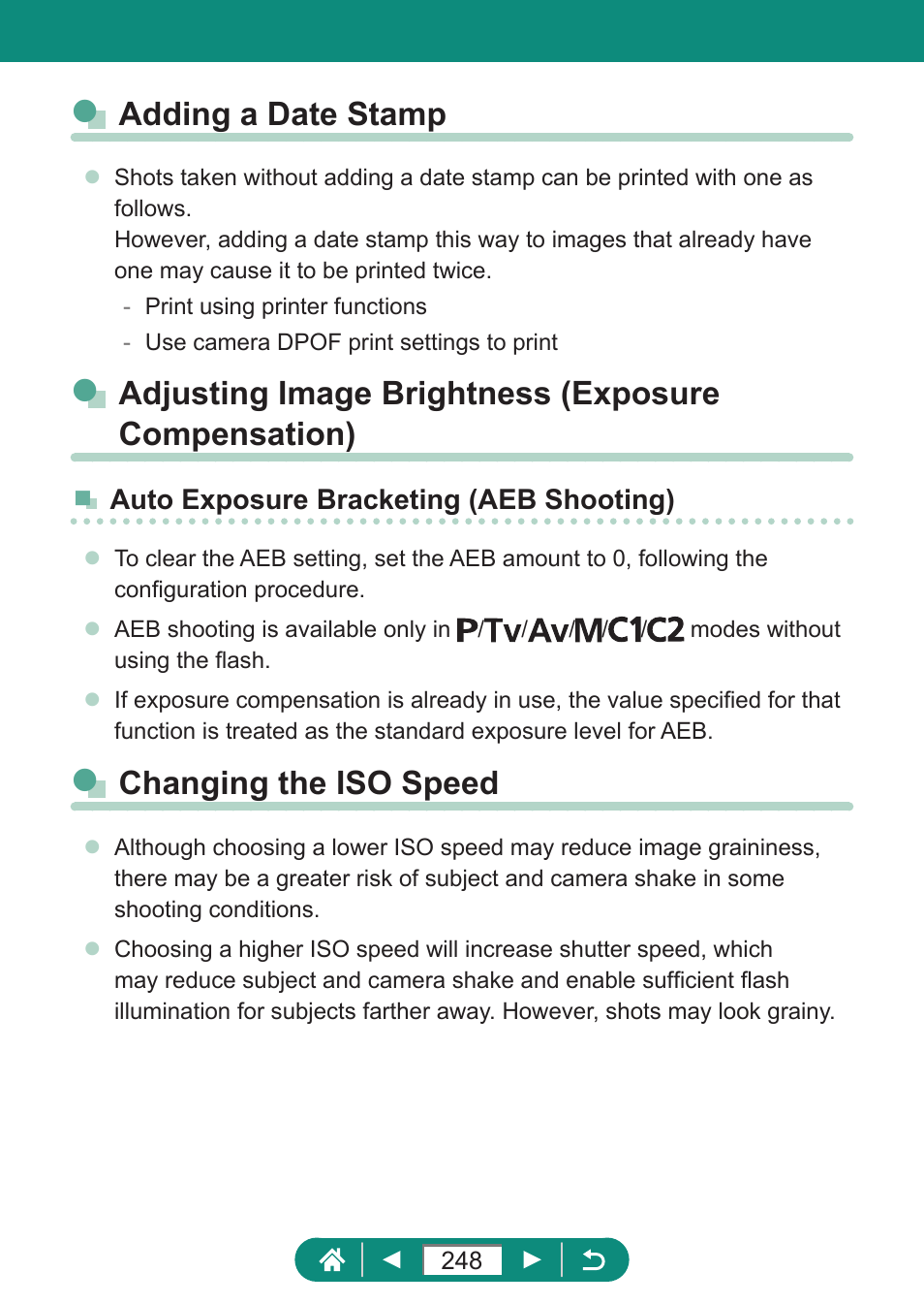 Adding a date stamp, Adjusting image brightness (exposure compensation), Changing the iso speed | Canon PowerShot SX70 HS Digital Camera User Manual | Page 248 / 289