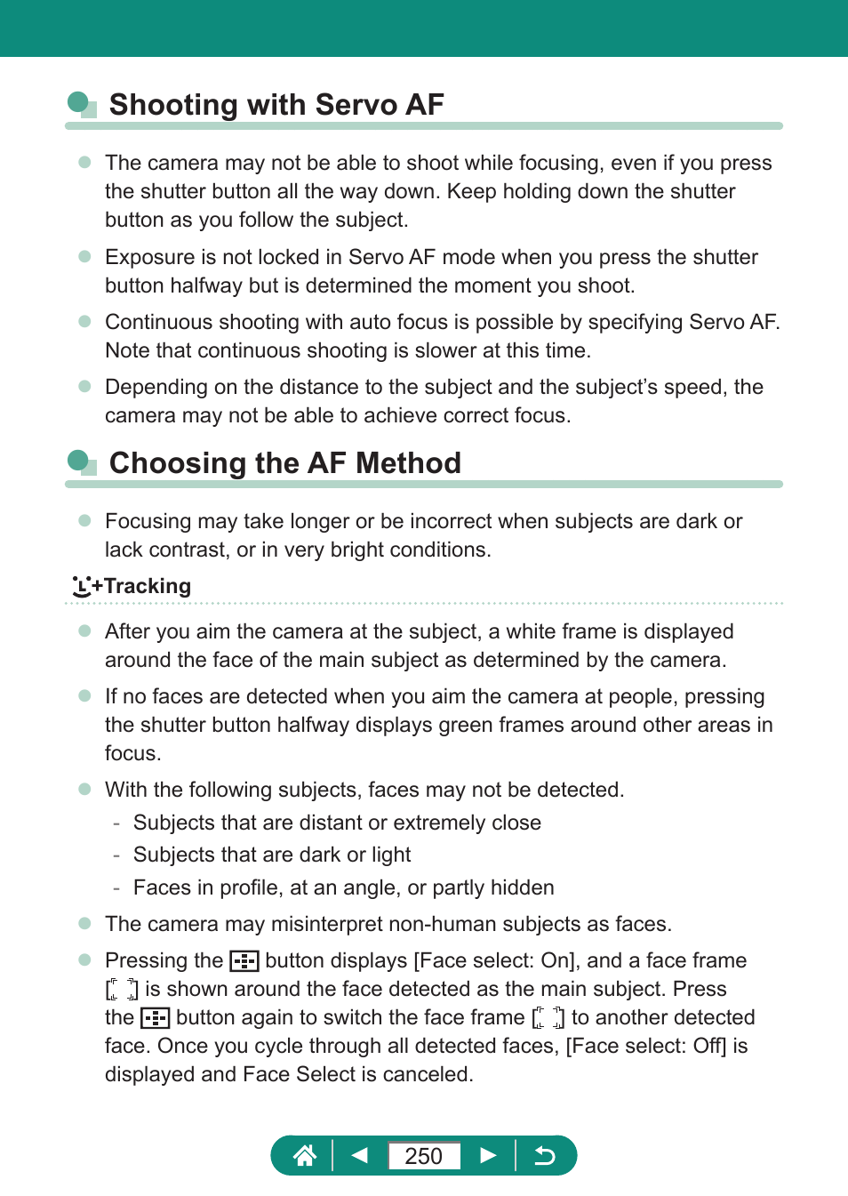 Shooting with servo af choosing the af method, Shooting with servo af, Choosing the af method | Canon PowerShot SX70 HS Digital Camera User Manual | Page 250 / 289