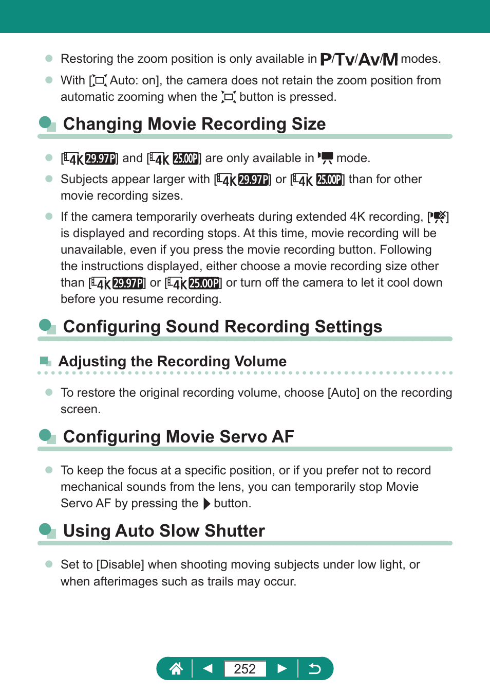 Changing movie recording size, Configuring sound recording settings, Configuring movie servo af | Using auto slow shutter | Canon PowerShot SX70 HS Digital Camera User Manual | Page 252 / 289