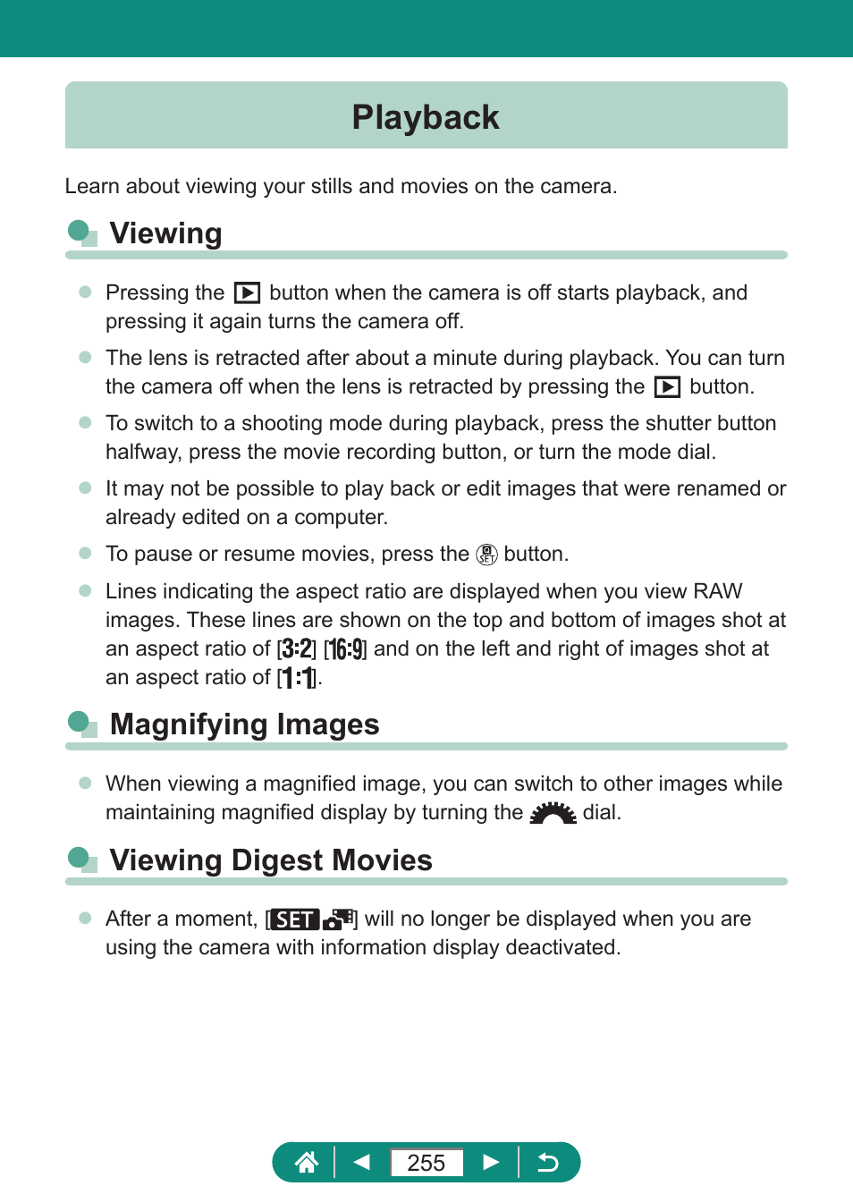 Playback, Viewing magnifying images viewing digest movies, Viewing | Magnifying images, Viewing digest movies | Canon PowerShot SX70 HS Digital Camera User Manual | Page 255 / 289