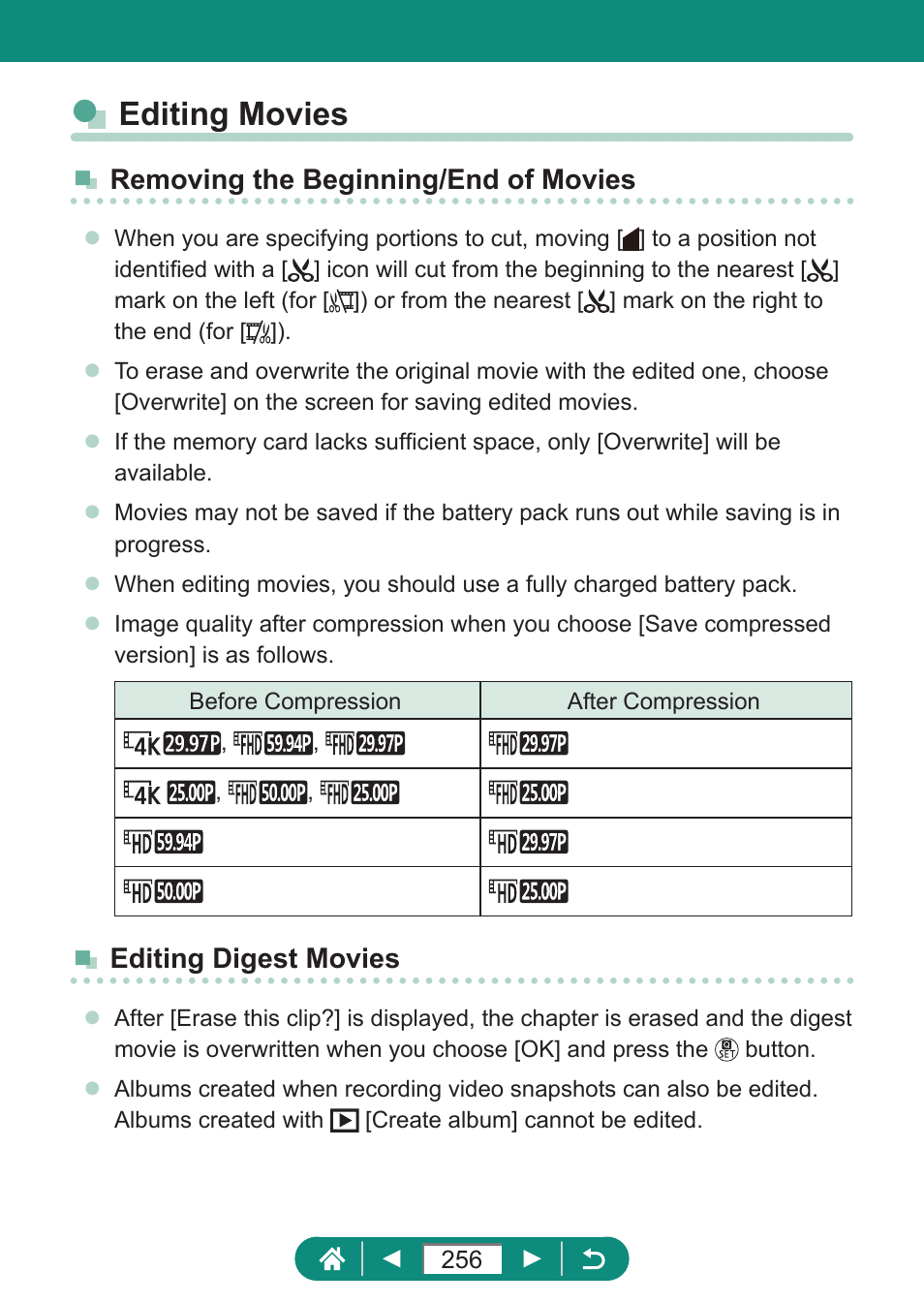 Editing movies, Removing the beginning/end of movies, Editing digest movies | Canon PowerShot SX70 HS Digital Camera User Manual | Page 256 / 289
