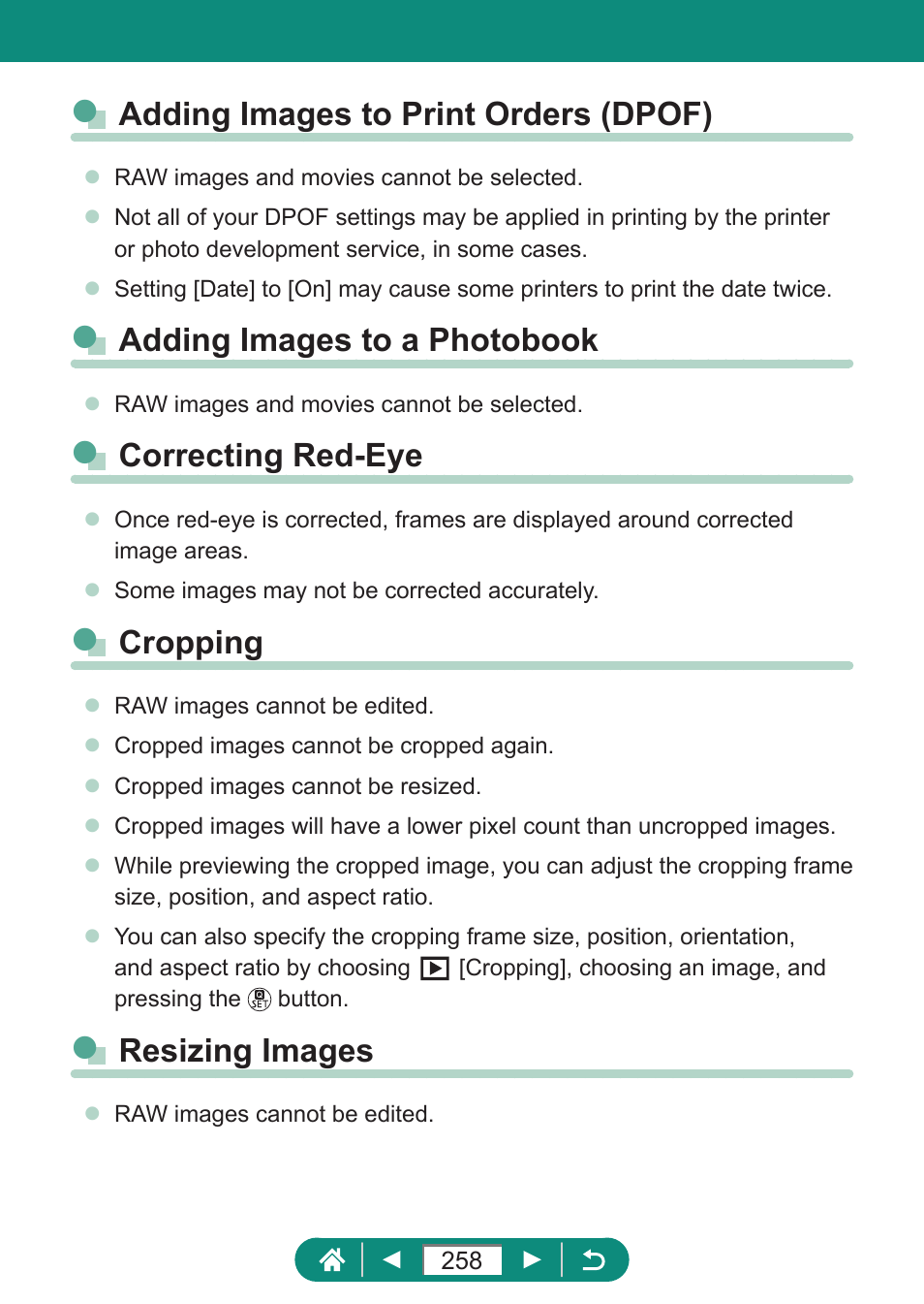 Adding images to print orders (dpof), Adding images to a photobook, Correcting red-eye | Cropping, Resizing images | Canon PowerShot SX70 HS Digital Camera User Manual | Page 258 / 289