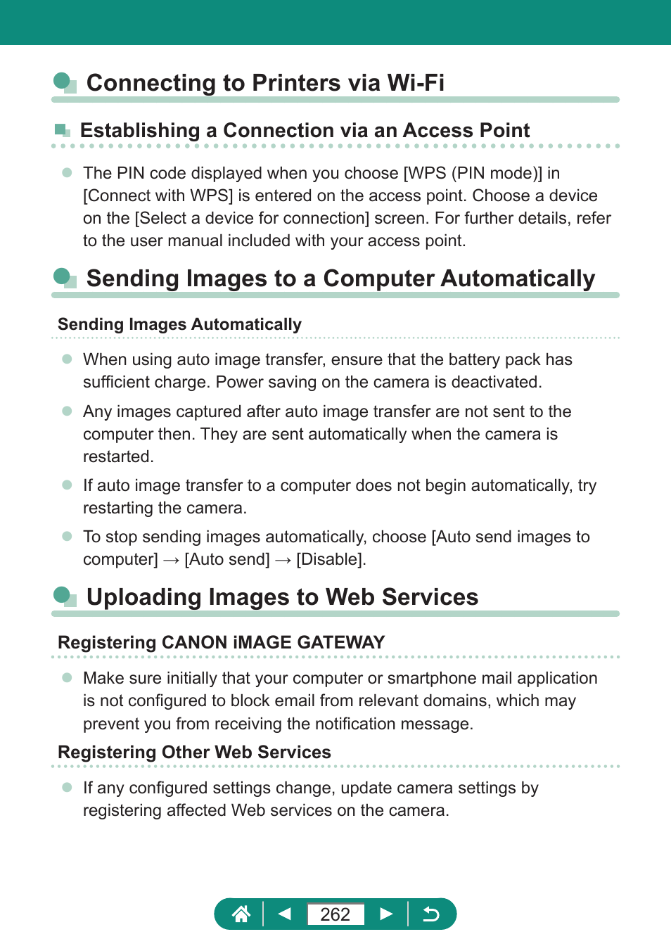 Connecting to printers via wi-fi, Sending images to a computer automatically, Uploading images to web services | Canon PowerShot SX70 HS Digital Camera User Manual | Page 262 / 289