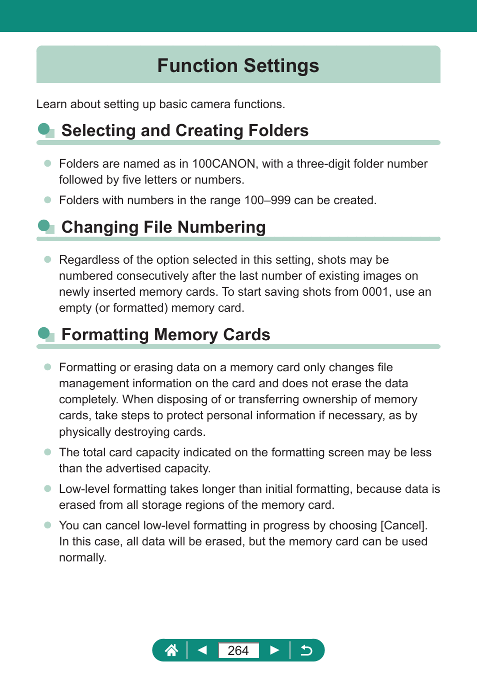 Function settings, Formatting memory cards, Selecting and creating folders | Changing file numbering | Canon PowerShot SX70 HS Digital Camera User Manual | Page 264 / 289