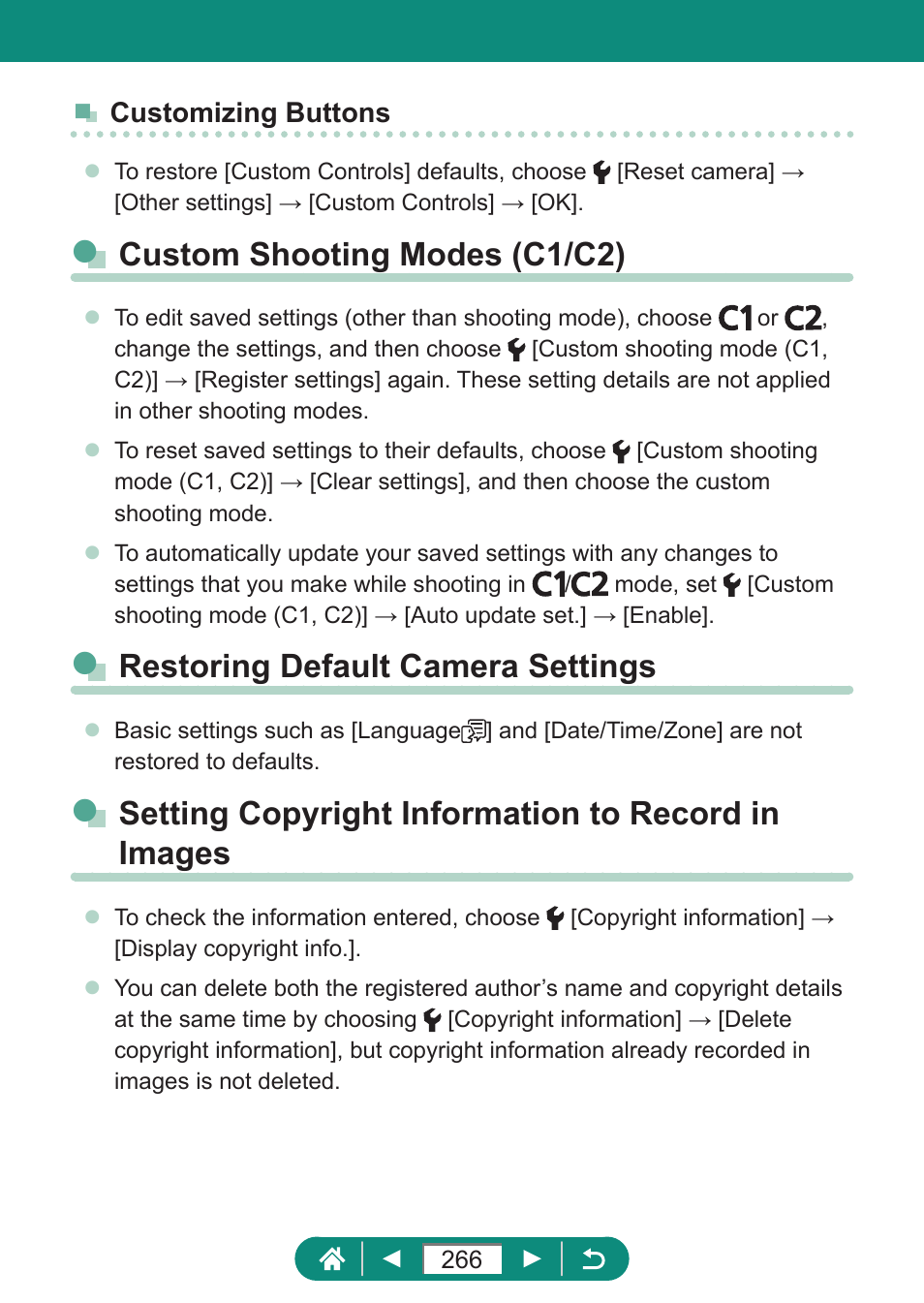 Custom shooting modes (c1/c2), Restoring default camera settings, Setting copyright information to record in images | Canon PowerShot SX70 HS Digital Camera User Manual | Page 266 / 289