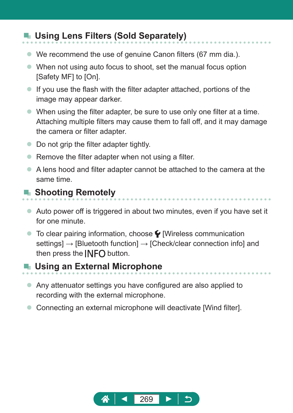 Using lens filters (sold separately), Shooting remotely, Using an external microphone | Canon PowerShot SX70 HS Digital Camera User Manual | Page 269 / 289