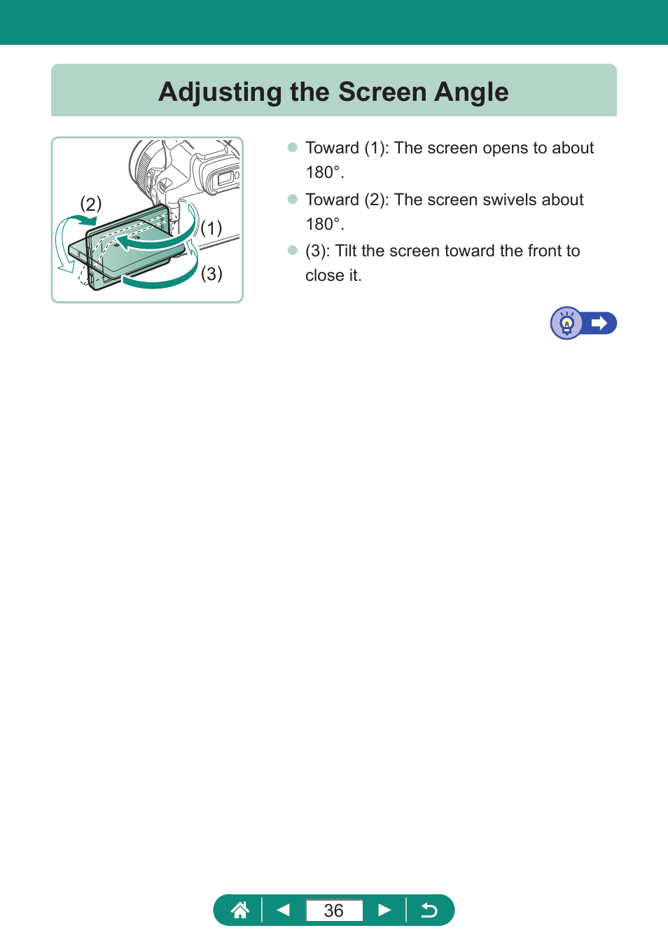 Adjusting the screen angle | Canon PowerShot SX70 HS Digital Camera User Manual | Page 36 / 289