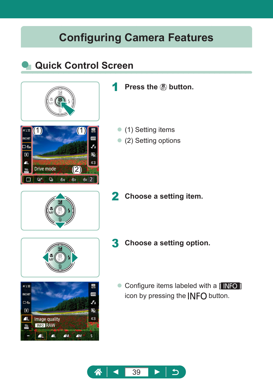 Configuring camera features, Quick control screen | Canon PowerShot SX70 HS Digital Camera User Manual | Page 39 / 289