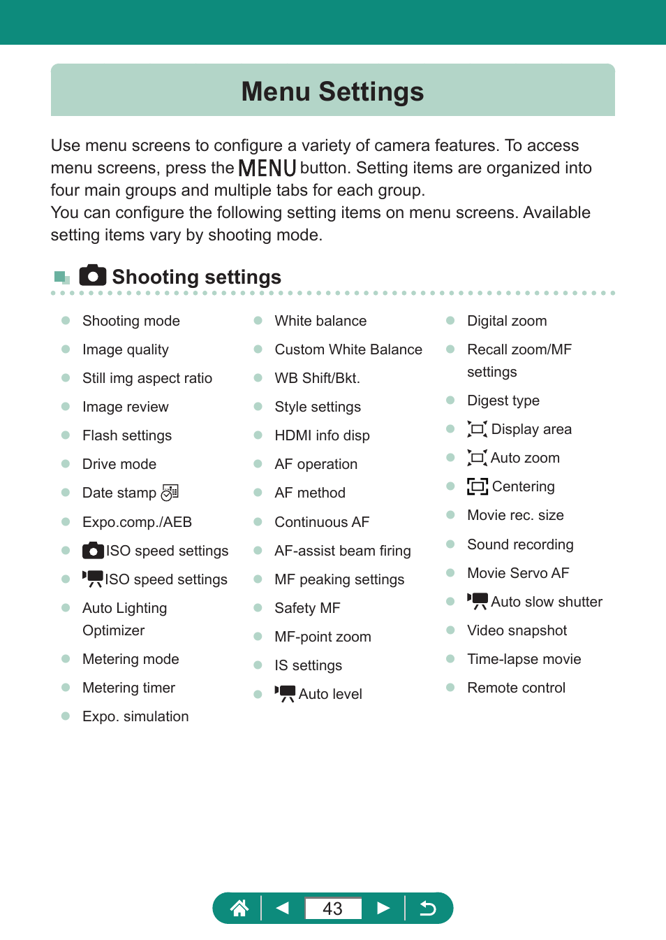 Menu settings, Shooting settings | Canon PowerShot SX70 HS Digital Camera User Manual | Page 43 / 289