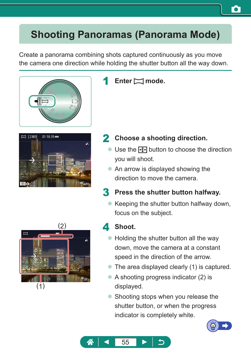 Shooting panoramas (panorama mode) | Canon PowerShot SX70 HS Digital Camera User Manual | Page 55 / 289