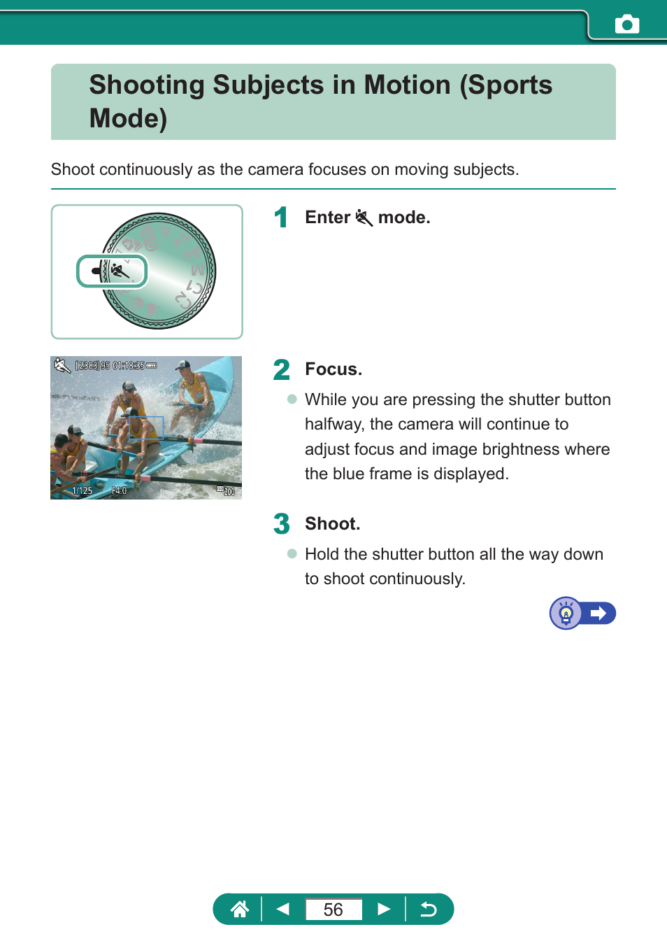 Shooting subjects in motion (sports mode) | Canon PowerShot SX70 HS Digital Camera User Manual | Page 56 / 289