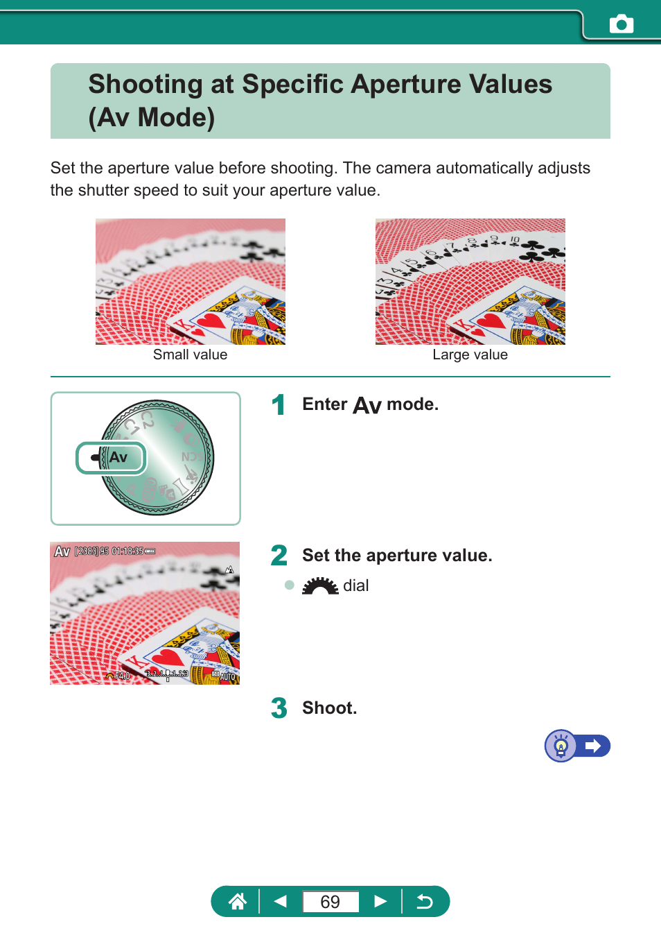 Shooting at specific aperture values (av mode) | Canon PowerShot SX70 HS Digital Camera User Manual | Page 69 / 289