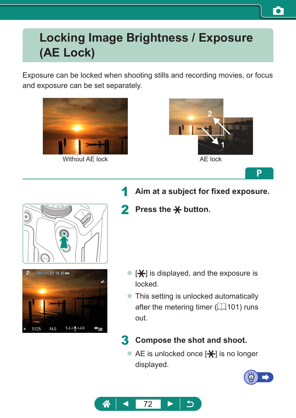 Locking image brightness / exposure (ae lock) | Canon PowerShot SX70 HS Digital Camera User Manual | Page 72 / 289