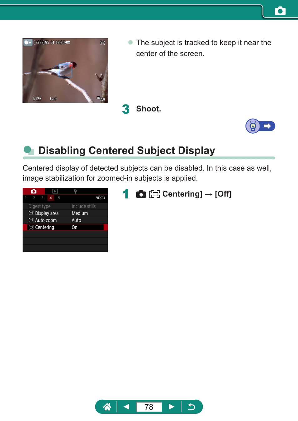 Disabling centered subject display | Canon PowerShot SX70 HS Digital Camera User Manual | Page 78 / 289