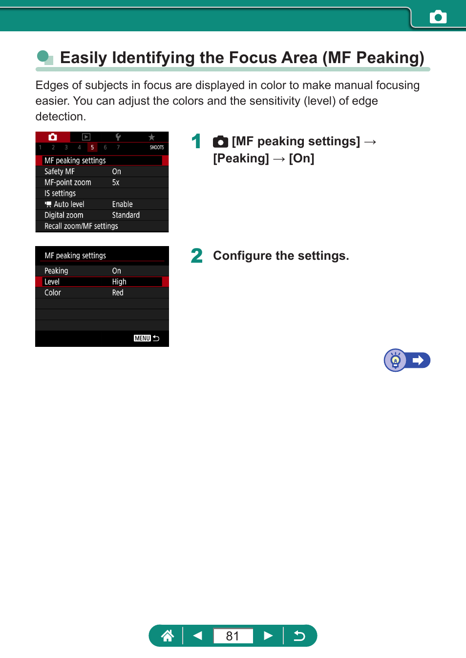 Easily identifying the focus area (mf peaking) | Canon PowerShot SX70 HS Digital Camera User Manual | Page 81 / 289