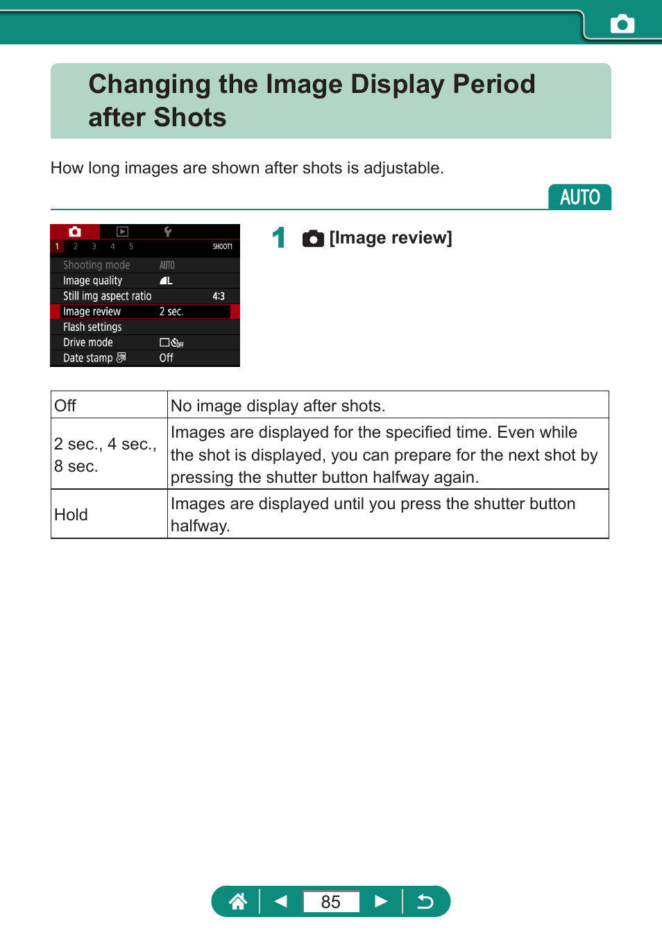 Changing the image display period after shots | Canon PowerShot SX70 HS Digital Camera User Manual | Page 85 / 289