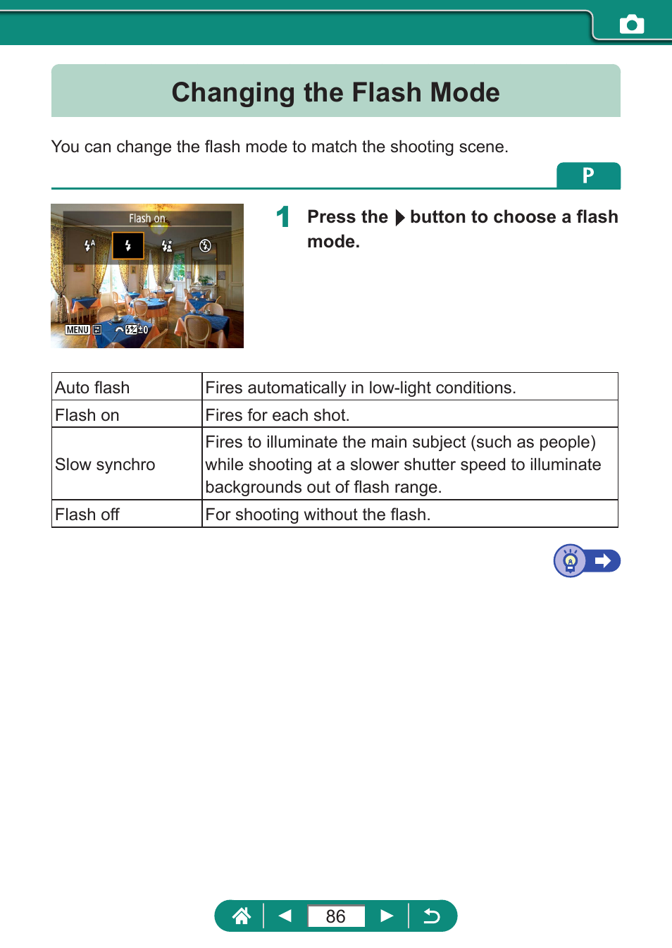 Changing the flash mode | Canon PowerShot SX70 HS Digital Camera User Manual | Page 86 / 289