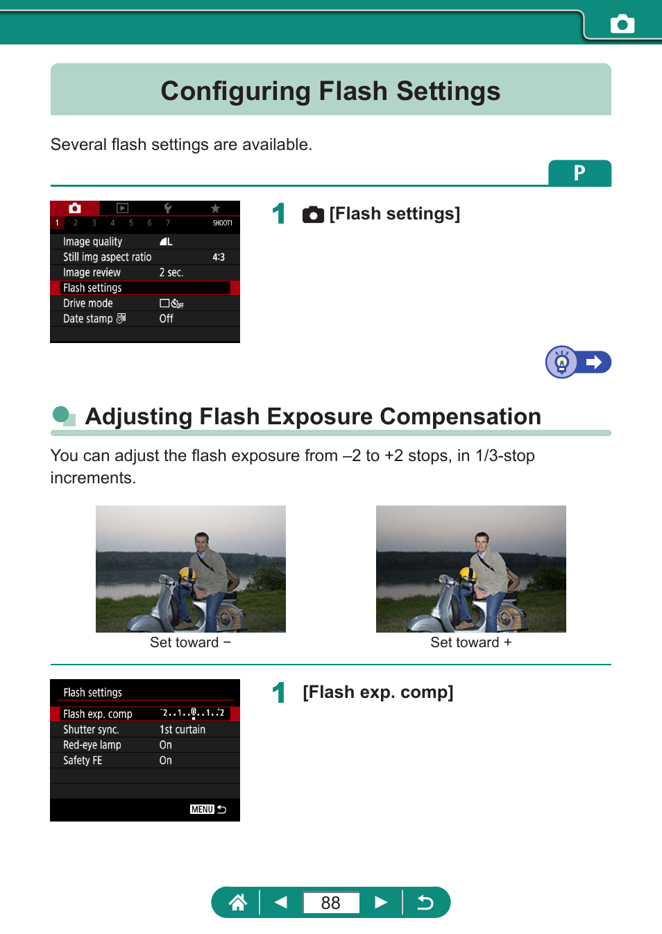 Configuring flash settings, Adjusting flash exposure compensation | Canon PowerShot SX70 HS Digital Camera User Manual | Page 88 / 289