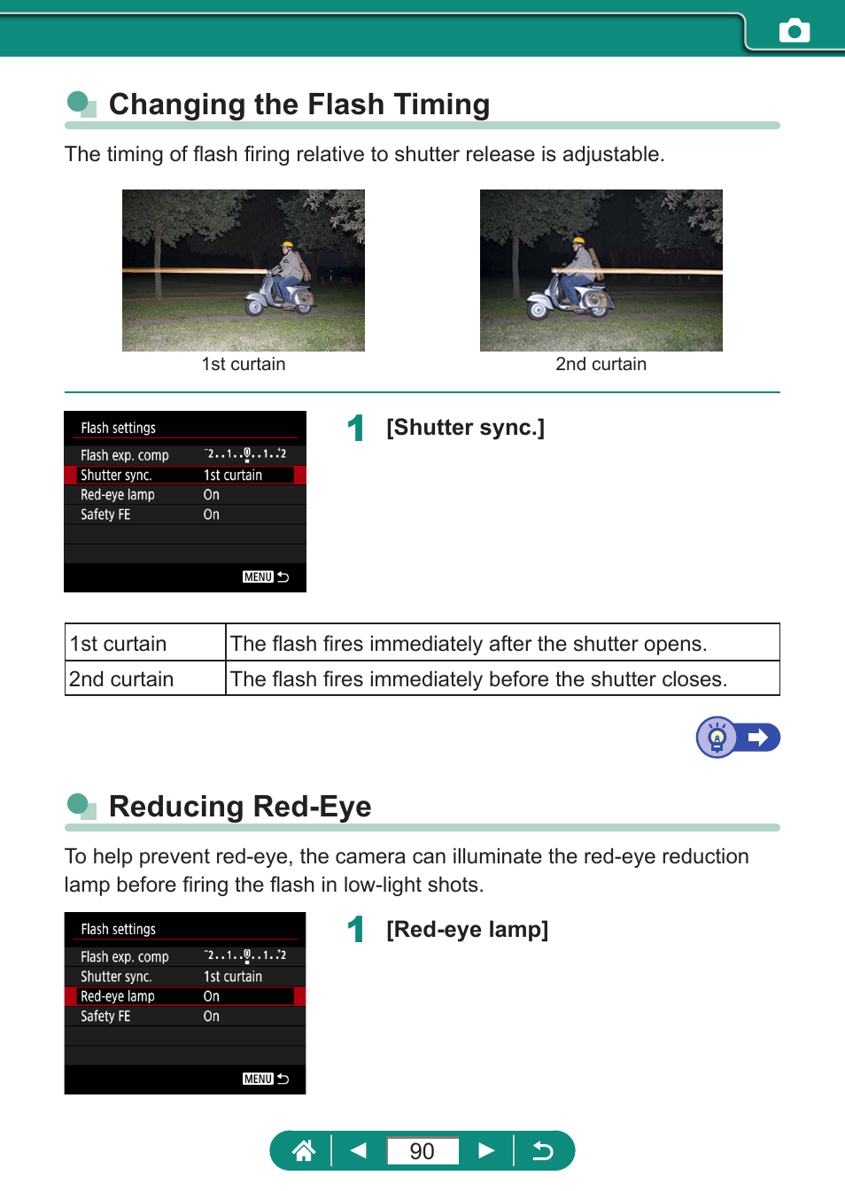 Changing the flash timing reducing red-eye, Changing the flash timing, Reducing red-eye | Canon PowerShot SX70 HS Digital Camera User Manual | Page 90 / 289