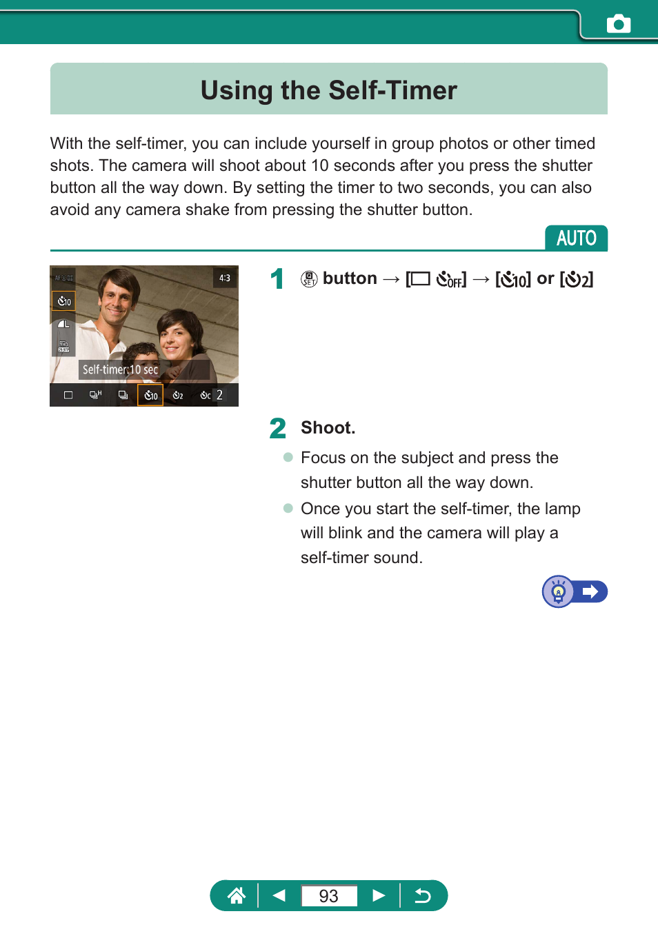 Using the self-timer | Canon PowerShot SX70 HS Digital Camera User Manual | Page 93 / 289