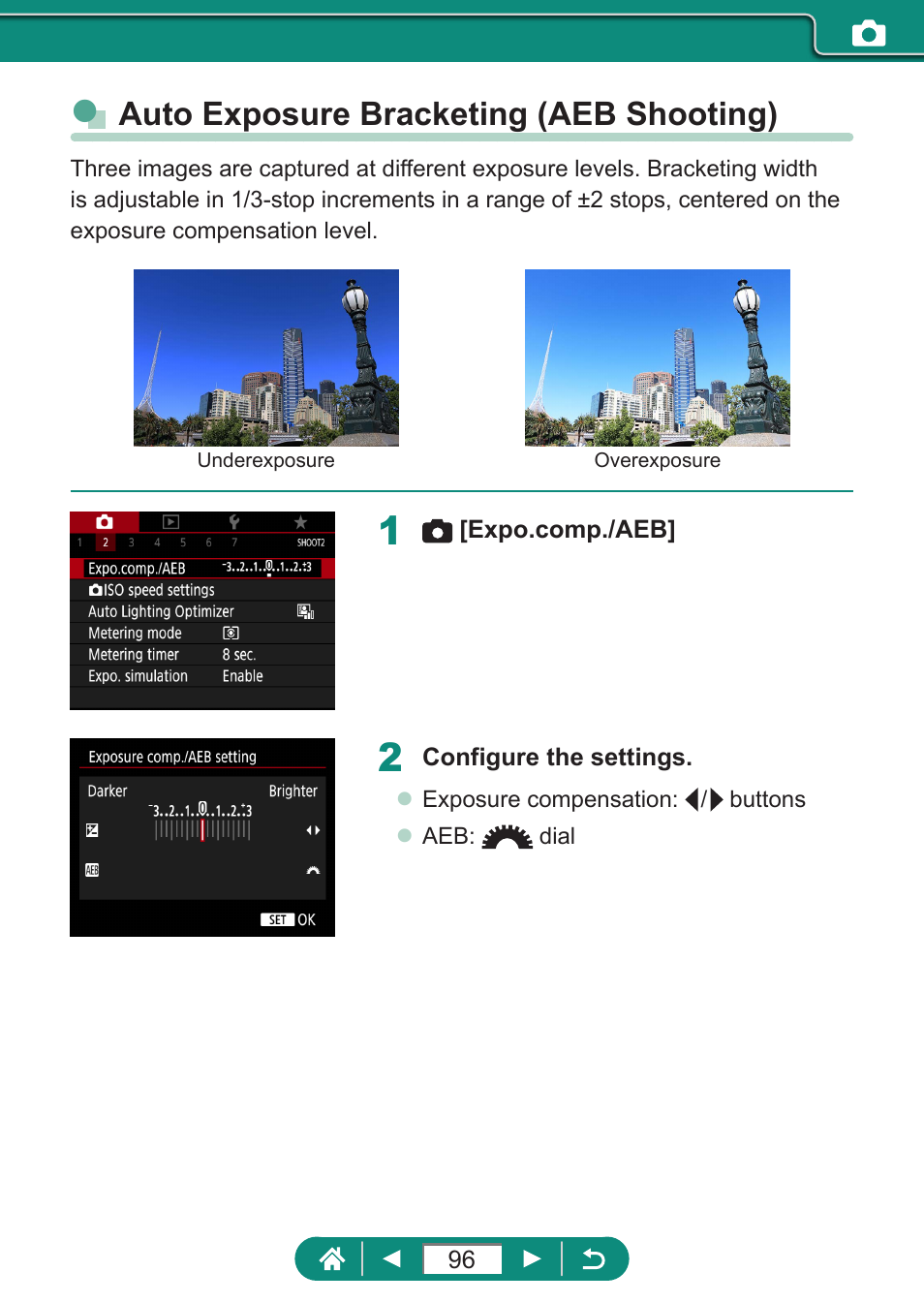 Auto exposure bracketing (aeb shooting) | Canon PowerShot SX70 HS Digital Camera User Manual | Page 96 / 289