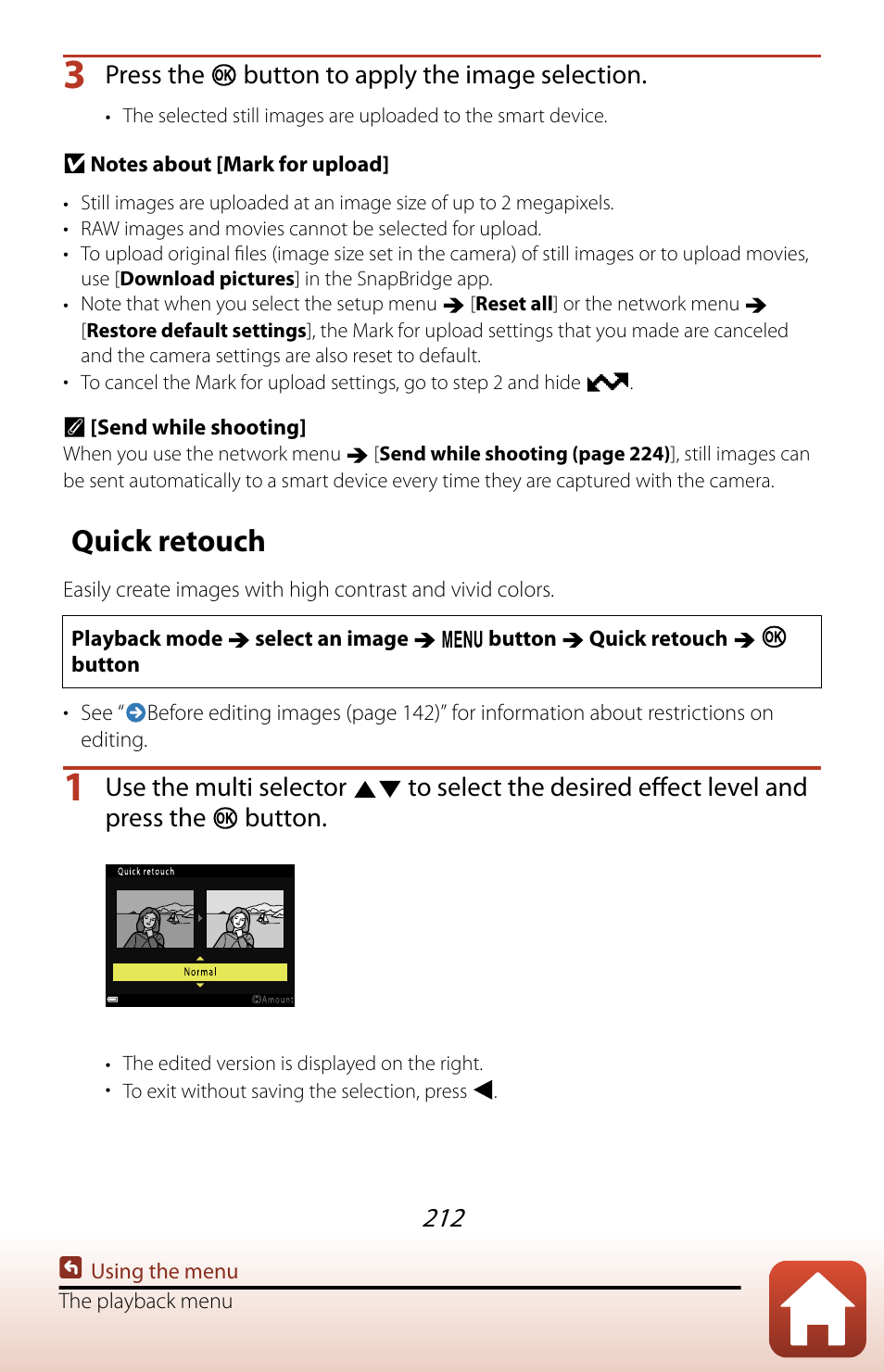 Quick retouch, Press the button to apply the image selection | Nikon COOLPIX P950 Digital Camera User Manual | Page 212 / 306