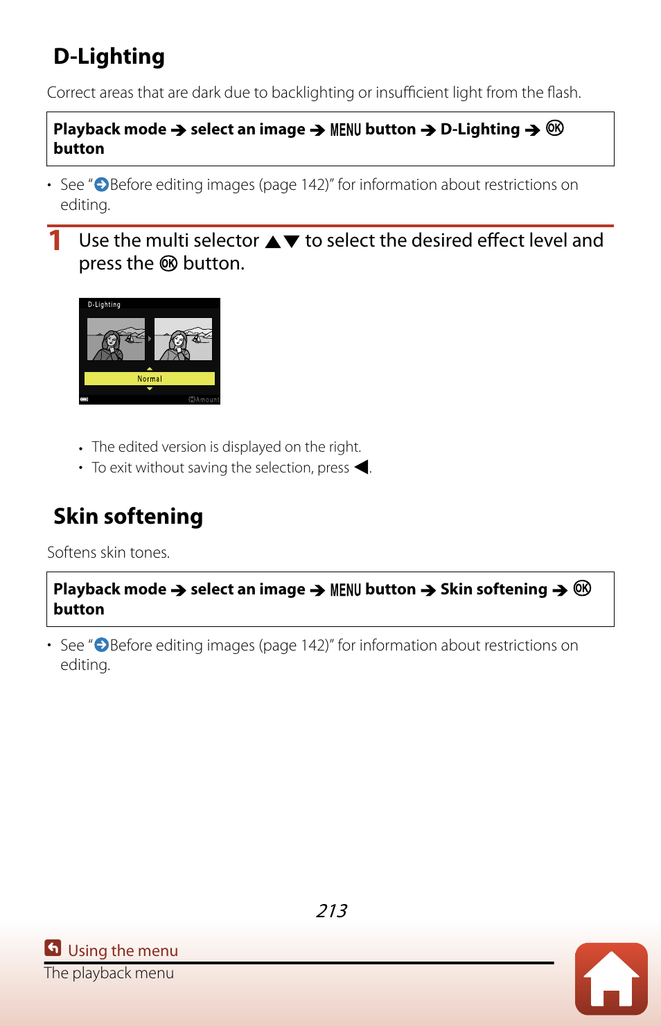 D-lighting, Skin softening, Option adjusts the t | Nikon COOLPIX P950 Digital Camera User Manual | Page 213 / 306
