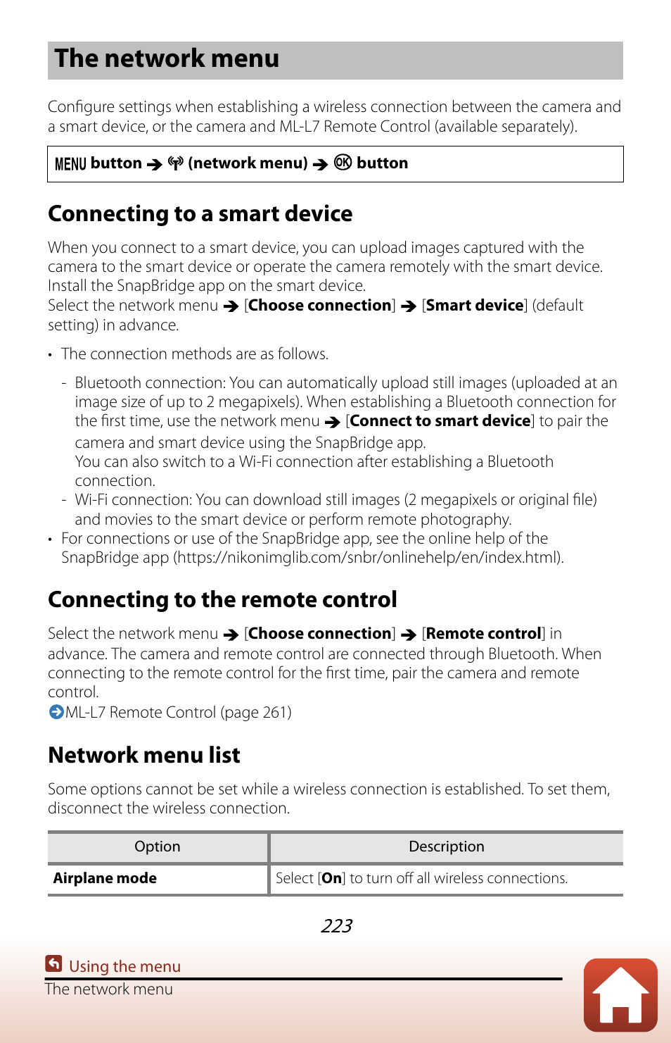 The network menu, Connecting to a smart device, Connecting to the remote control | Network menu list | Nikon COOLPIX P950 Digital Camera User Manual | Page 223 / 306