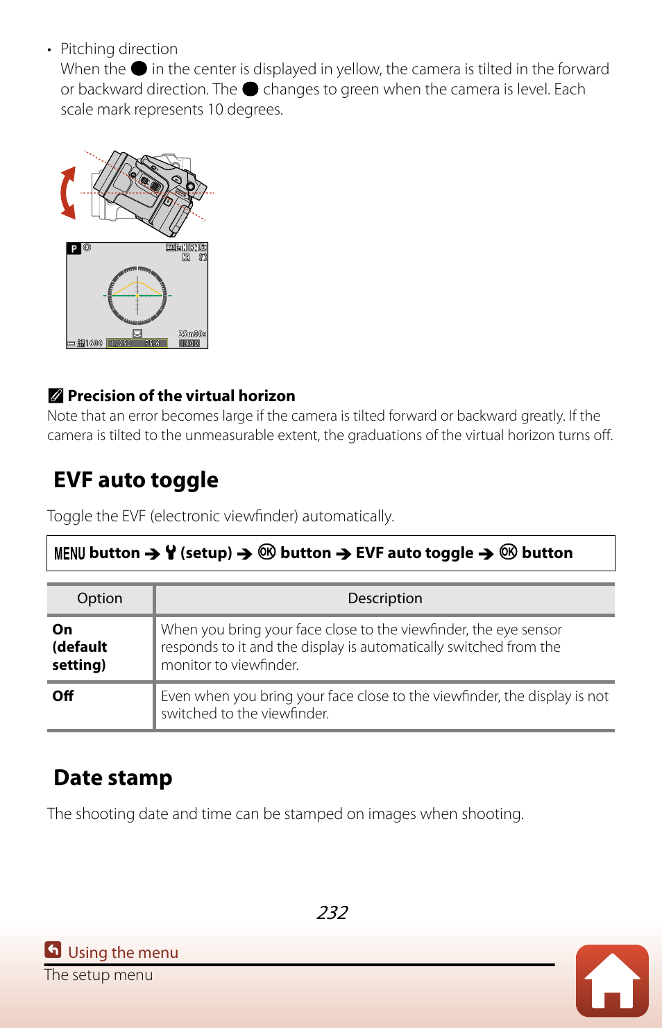 Evf auto toggle, Date stamp | Nikon COOLPIX P950 Digital Camera User Manual | Page 232 / 306