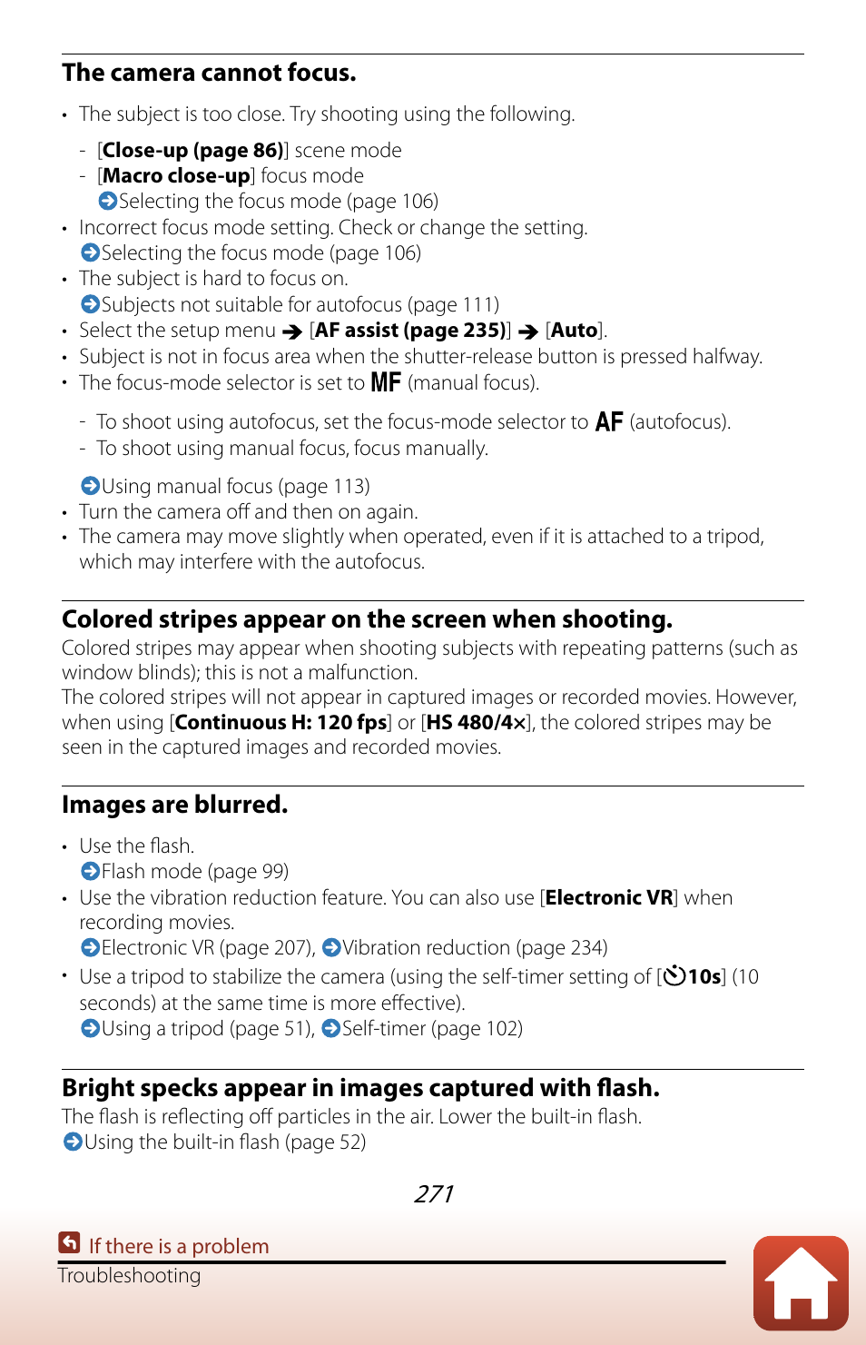 The camera cannot focus, Colored stripes appear on the screen when shooting, Images are blurred | Bright specks appear in images captured with flash | Nikon COOLPIX P950 Digital Camera User Manual | Page 271 / 306