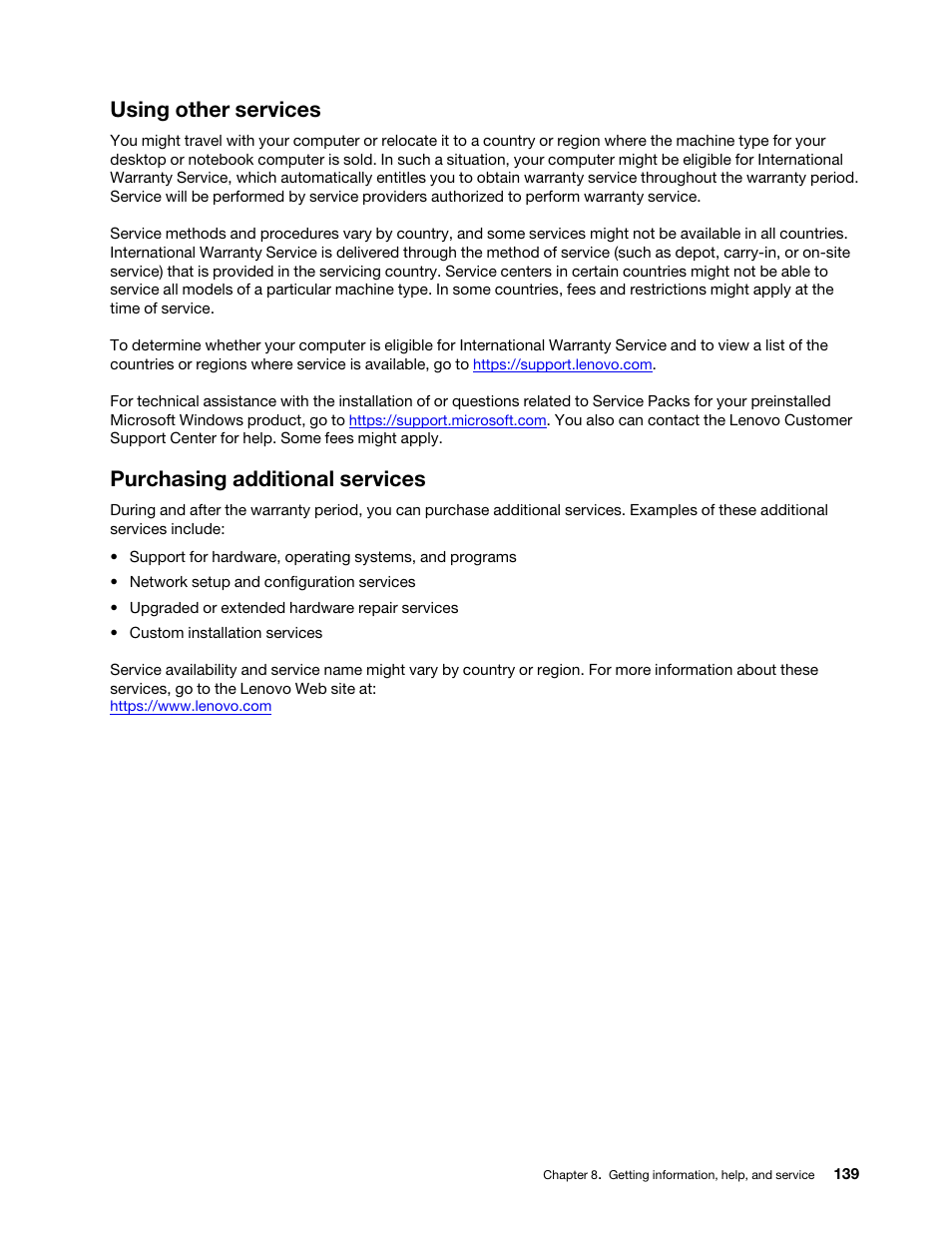 Using other services, Purchasing additional services | Lenovo ThinkStation P920 Tower Workstation User Manual | Page 151 / 174