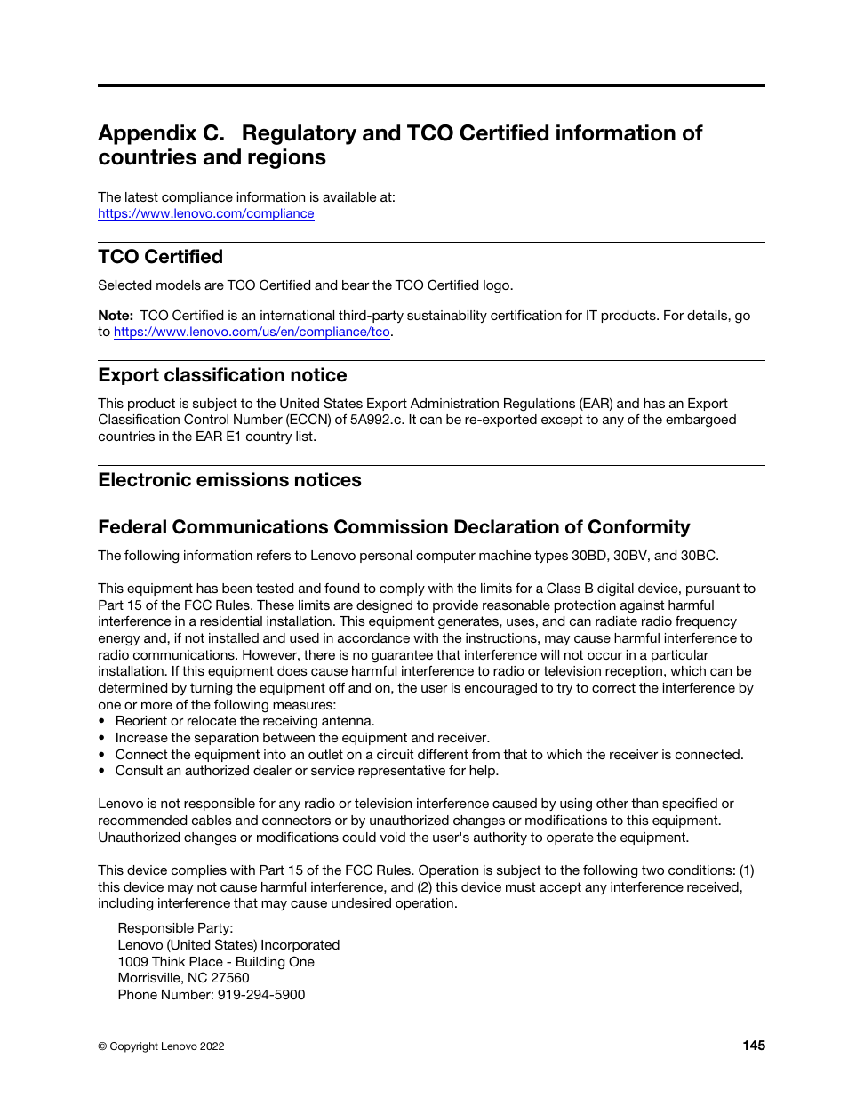 Tco certified, Export classification notice | Lenovo ThinkStation P920 Tower Workstation User Manual | Page 157 / 174