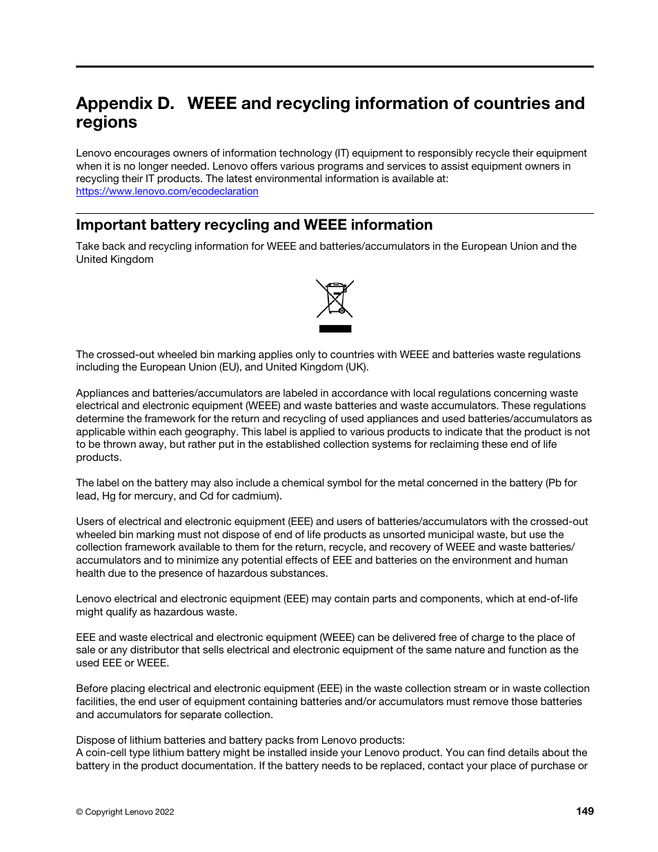 Important battery recycling and weee information | Lenovo ThinkStation P920 Tower Workstation User Manual | Page 161 / 174