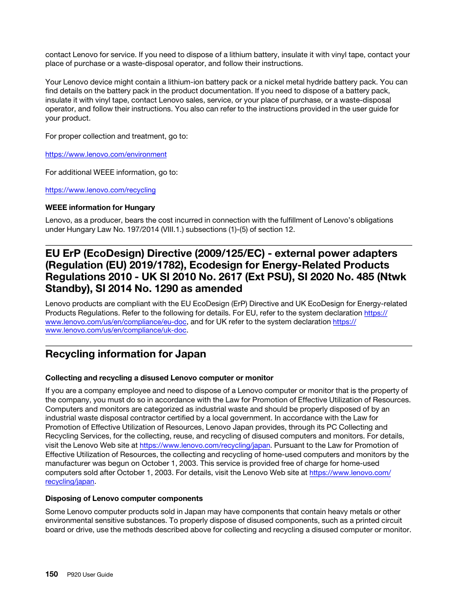 Recycling information for japan | Lenovo ThinkStation P920 Tower Workstation User Manual | Page 162 / 174