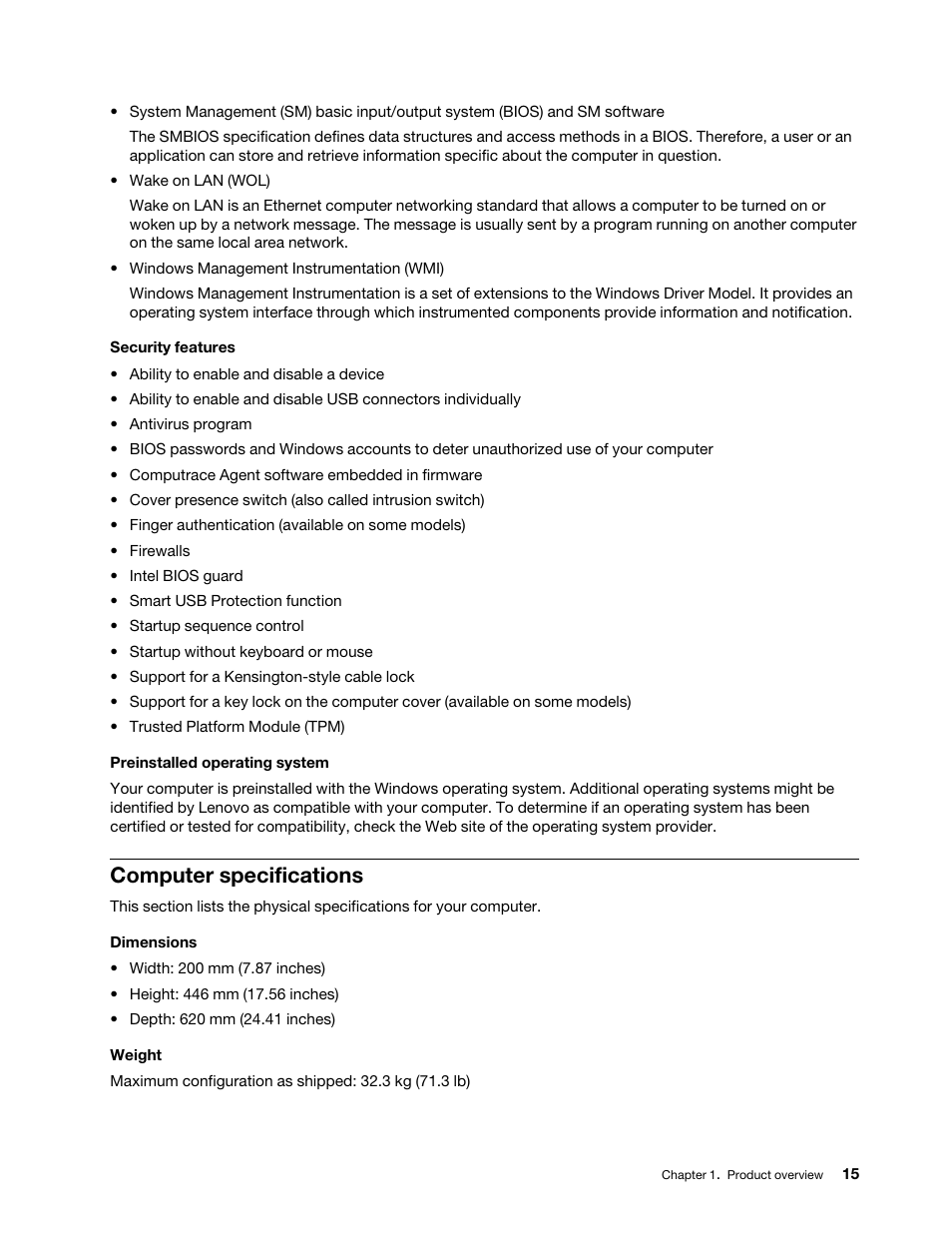 Computer specifications | Lenovo ThinkStation P920 Tower Workstation User Manual | Page 27 / 174