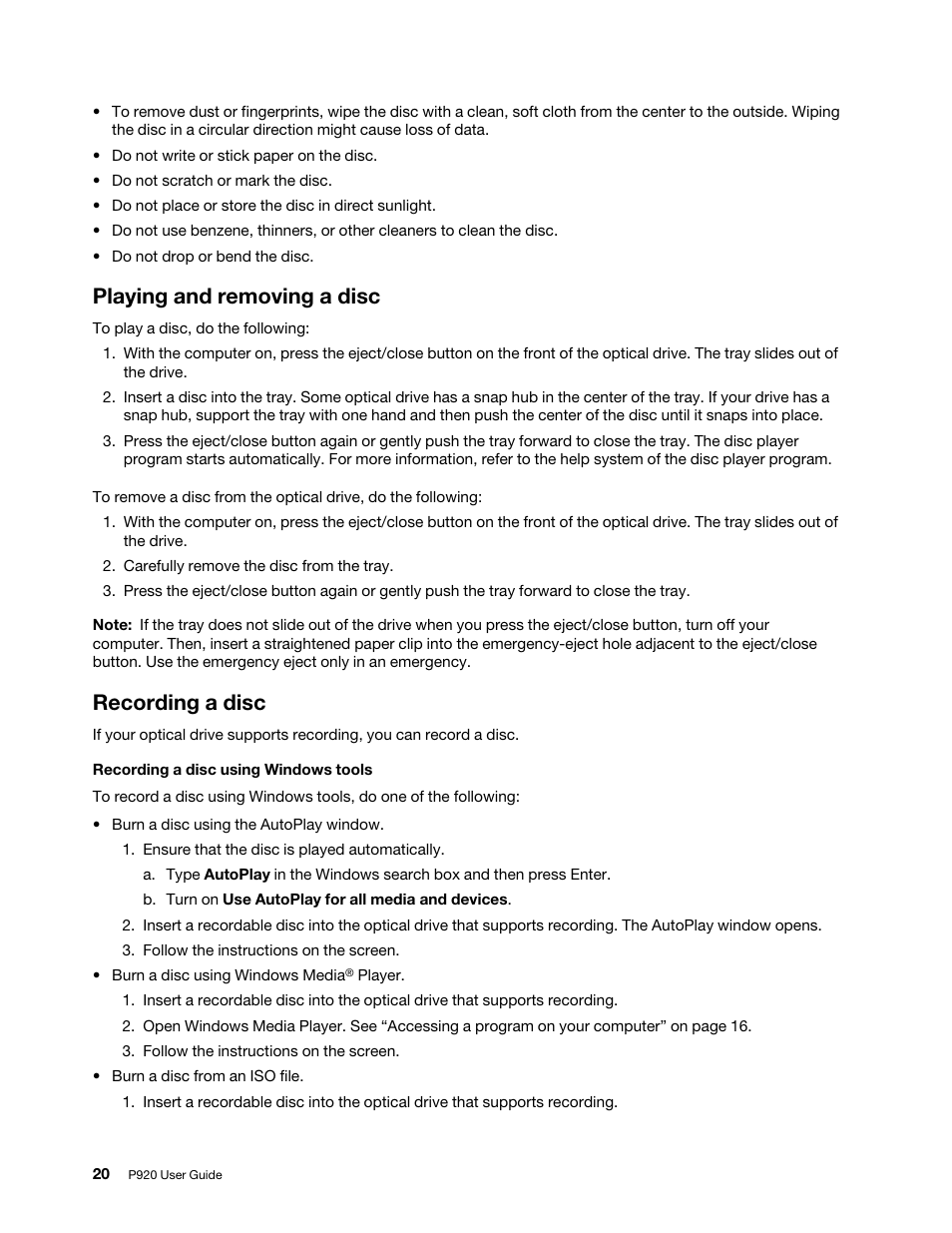 Playing and removing a disc, Recording a disc, Playing and removing a disc recording a disc | Lenovo ThinkStation P920 Tower Workstation User Manual | Page 32 / 174