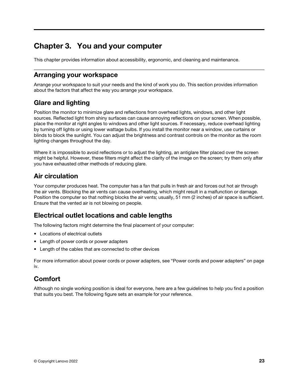 Chapter 3. you and your computer, Arranging your workspace, Glare and lighting | Air circulation, Electrical outlet locations and cable lengths, Comfort | Lenovo ThinkStation P920 Tower Workstation User Manual | Page 35 / 174