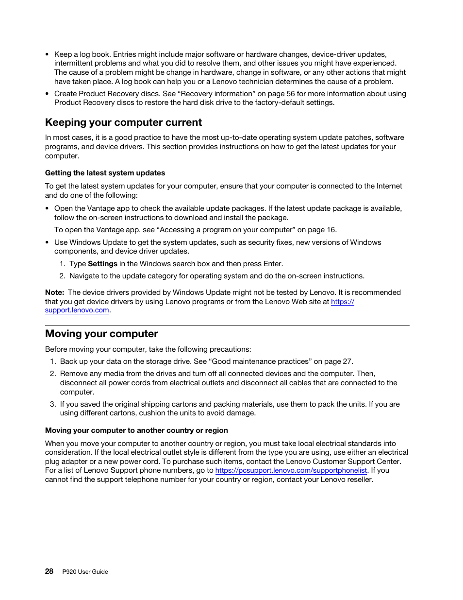 Keeping your computer current, Moving your computer, See “keeping your | Lenovo ThinkStation P920 Tower Workstation User Manual | Page 40 / 174