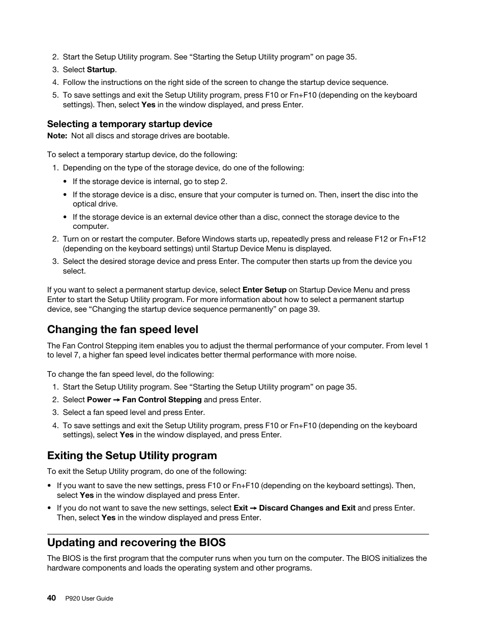 Changing the fan speed level, Exiting the setup utility program, Updating and recovering the bios | Lenovo ThinkStation P920 Tower Workstation User Manual | Page 52 / 174