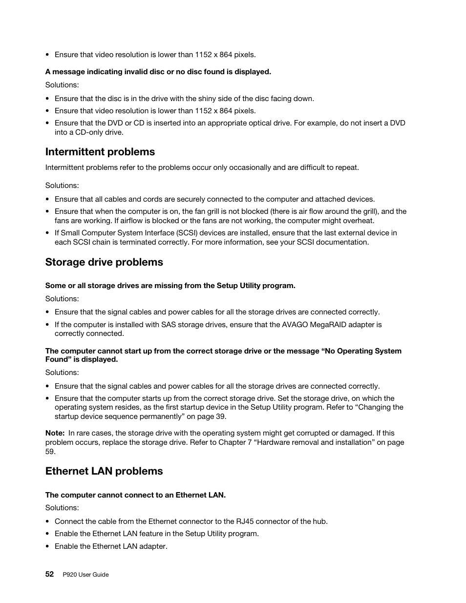 Intermittent problems, Storage drive problems, Ethernet lan problems | Lenovo ThinkStation P920 Tower Workstation User Manual | Page 64 / 174