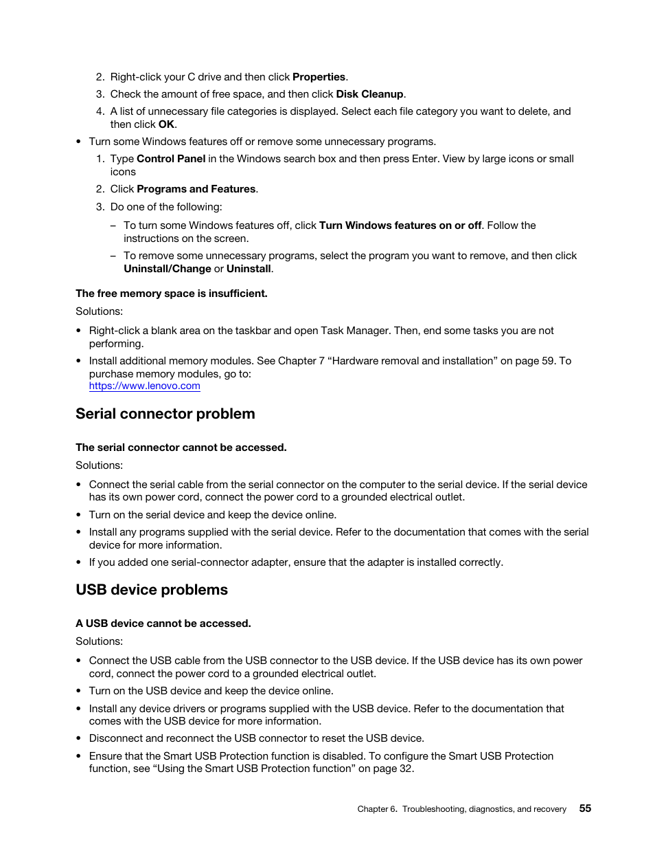 Serial connector problem, Usb device problems, Serial connector problem usb device problems | Lenovo ThinkStation P920 Tower Workstation User Manual | Page 67 / 174