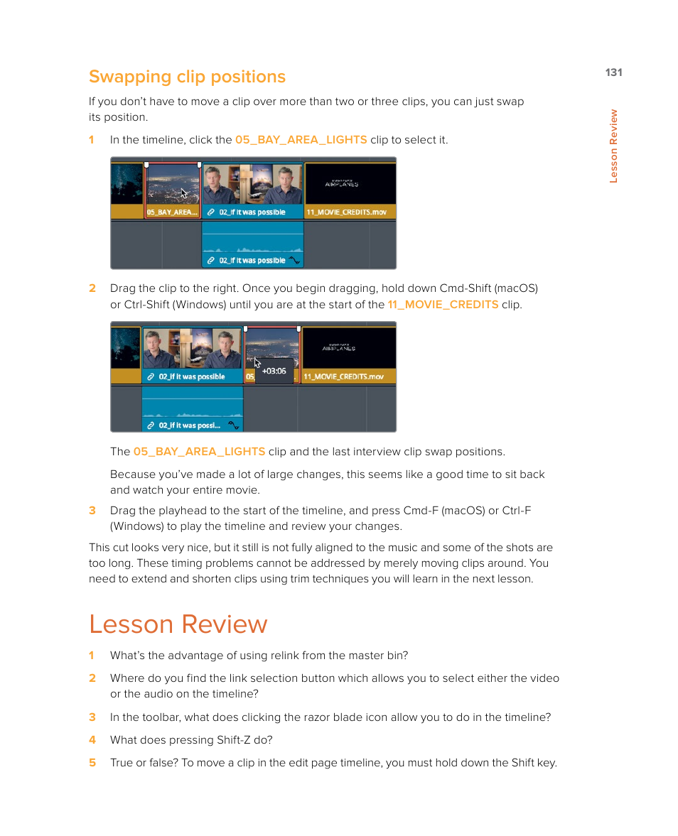 Lesson review, Swapping clip positions | Blackmagic Design DaVinci Resolve Studio (Dongle) User Manual | Page 146 / 444