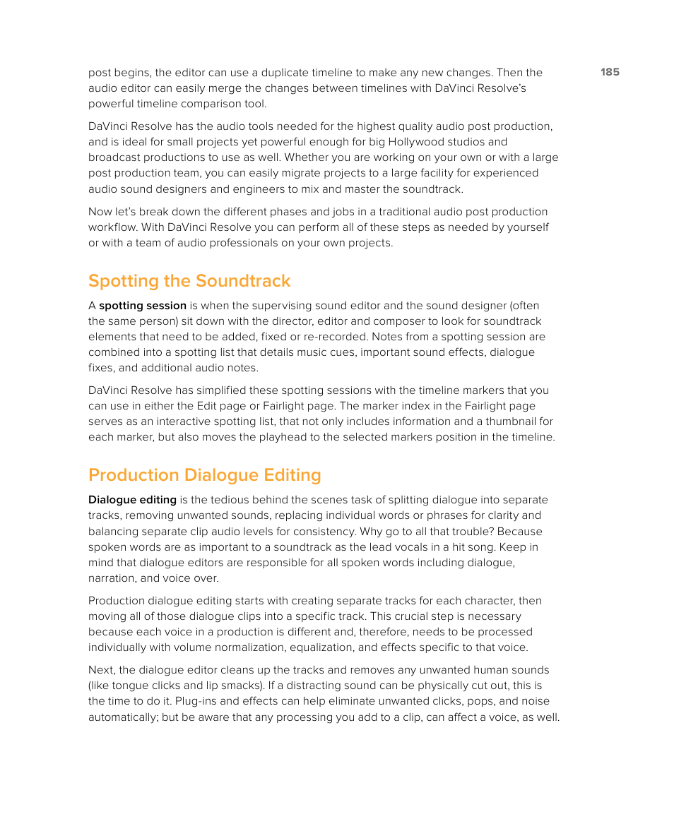 Spotting the soundtrack, Production dialogue editing | Blackmagic Design DaVinci Resolve Studio (Dongle) User Manual | Page 200 / 444